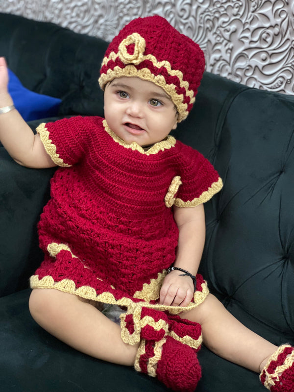 Code:05 Handmade Baby Dress  Mehroon (4 Piece Set)