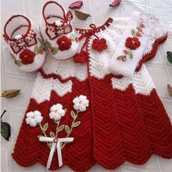 Code:06 Handmade Baby Dress Red  (3 Piece Set)