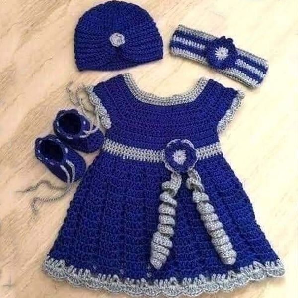 Code:04 Handmade Baby Dress  Dark Blue (4 Piece Set)